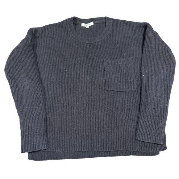 Madewell Long Sleeve Pullover Sweater Women's XS Black Round Neck w/Slit & Pocke - Picture 1 of 5